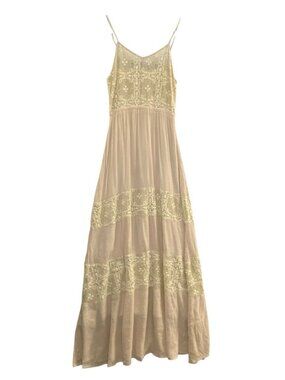 CHAMPAGNE & STRAWBERRY Flowy V Neck Maxi Dress Sz S Blush Fairy Whimsical 59-14